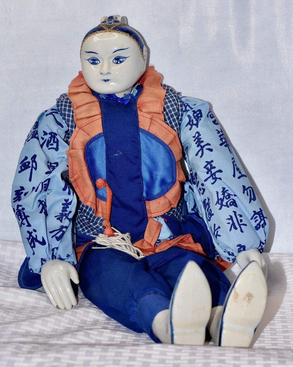 Vintage Chinese Ceremonial Doll Collectible 26" Porcelain Delft Head Hands Feet